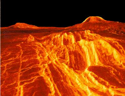 Die Vulkane Gula Mons (Höhe 3 km) und Sif Mons (Höhe 3 km), westliche Eistla Regio, Venus. Aufnahme: NASA/JPL.